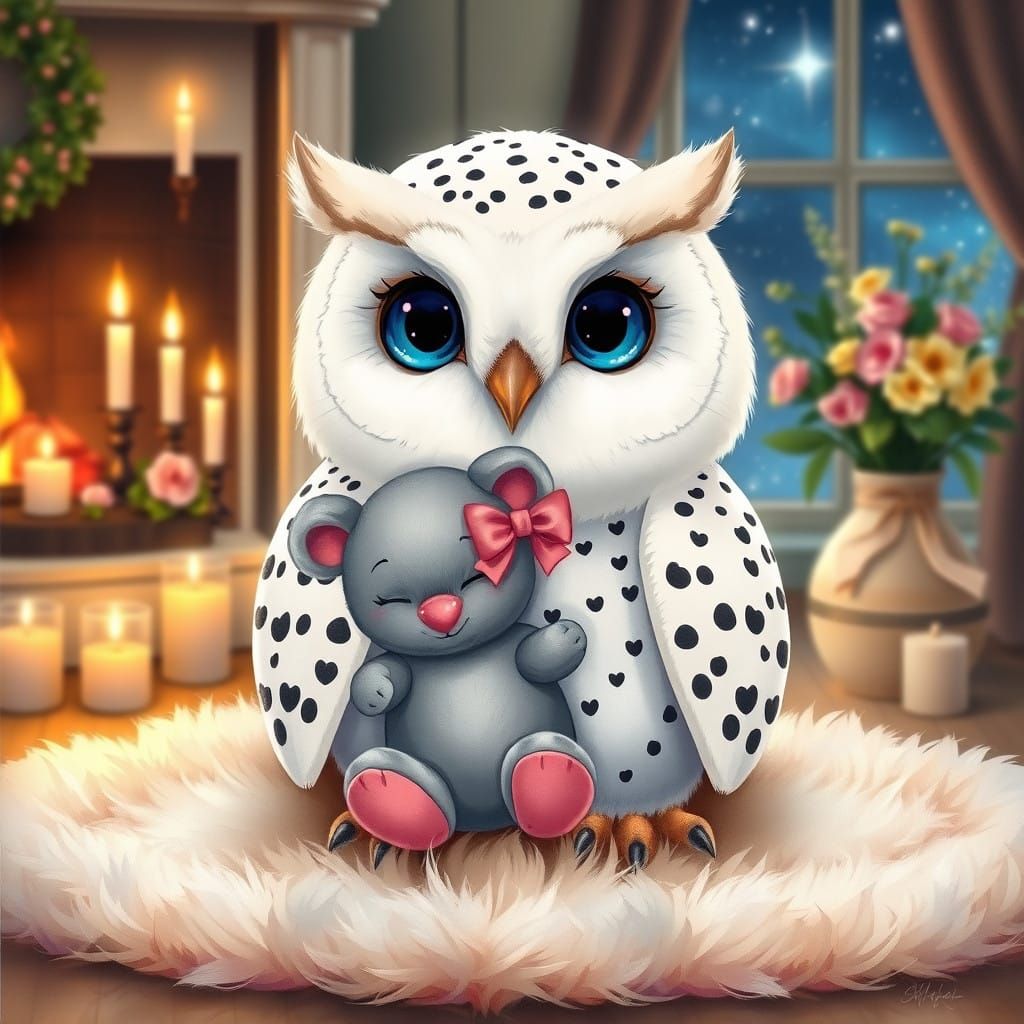 Surreal Winter Wonderland with a Happy White Owl and Its Toy