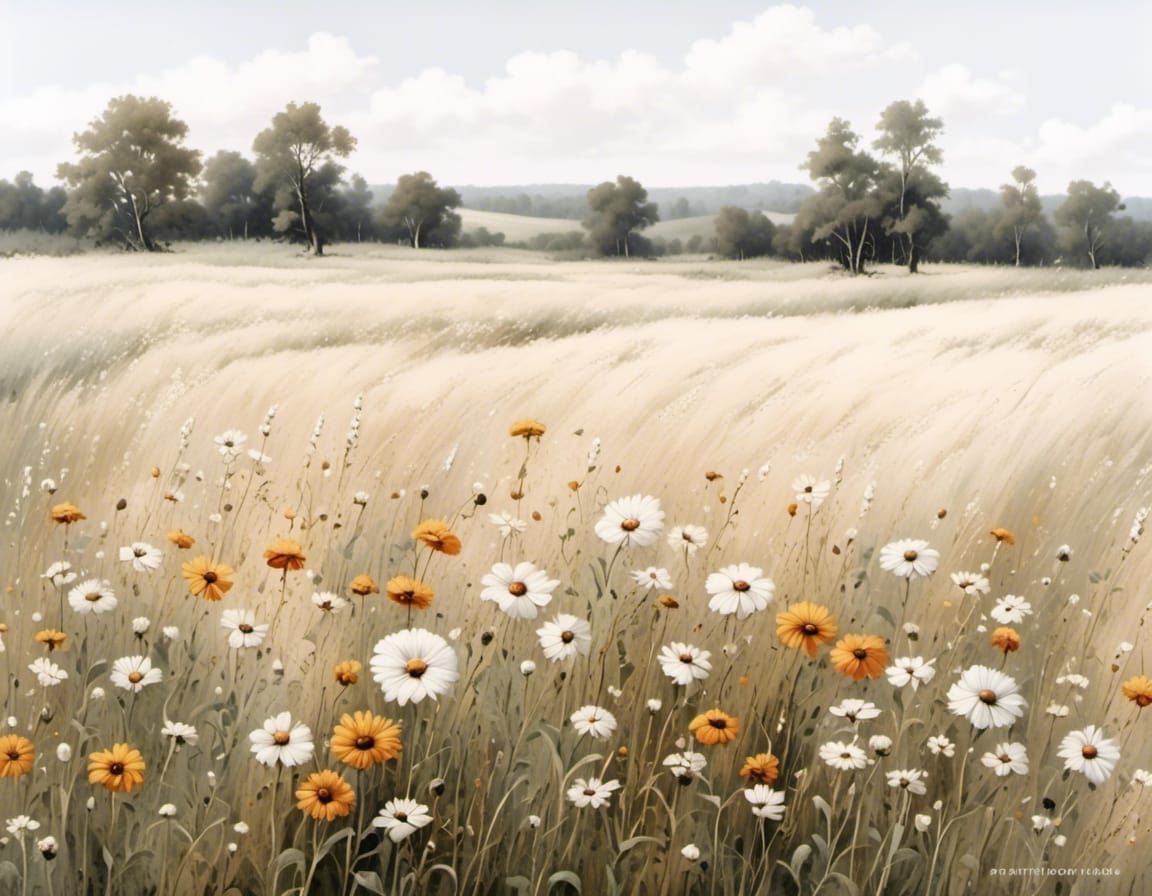 Wildflower Field Landscape in Oil Painting Style