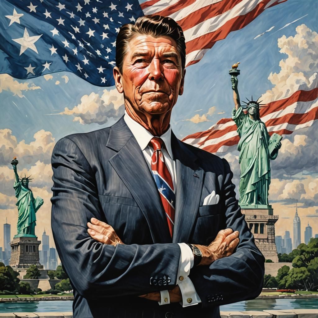 Ronald Reagan Portrait with American Flag in Comic Art