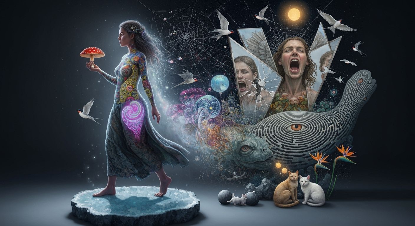 Mystical Woman on Geode Holding Glowing Mushroom