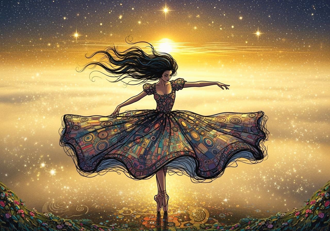 Ethereal Ballerina Spinning in Golden Fog, Klimt Style