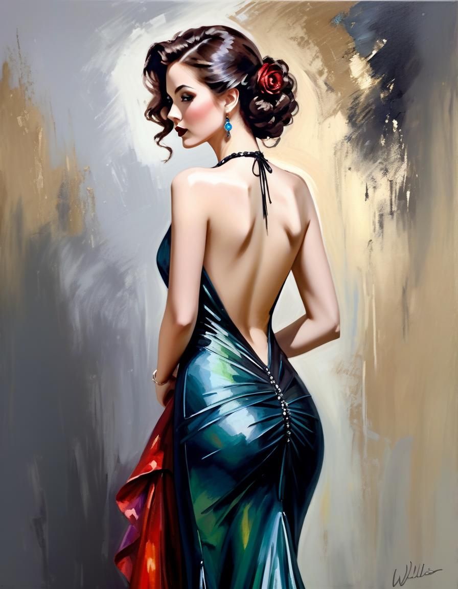 Elegant Woman in Backless Gown: Oil Painting