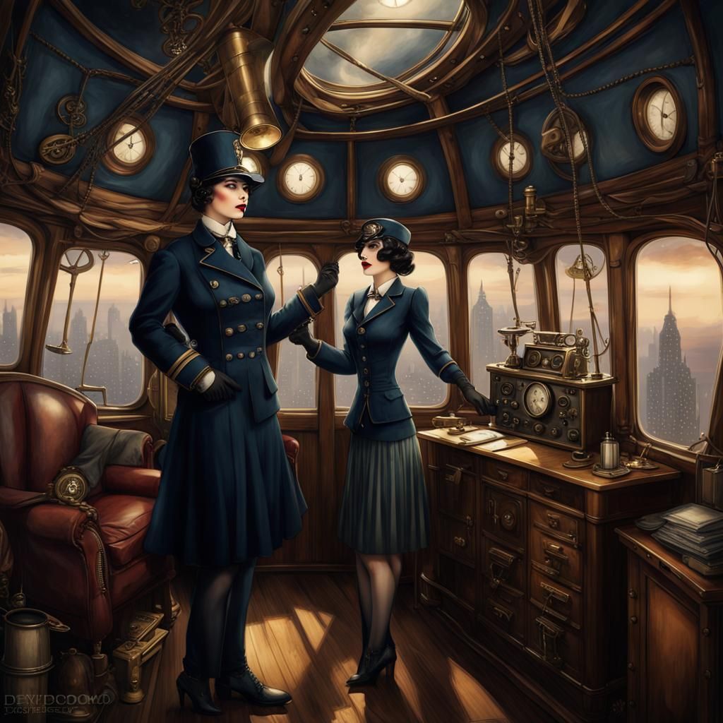 Gothic Steampunk Airship Flapper Flirts with Captain