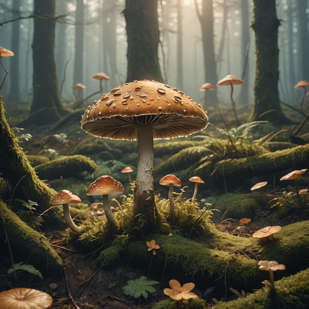Misty Forest: Lone Mushroom Fantasy Illustration