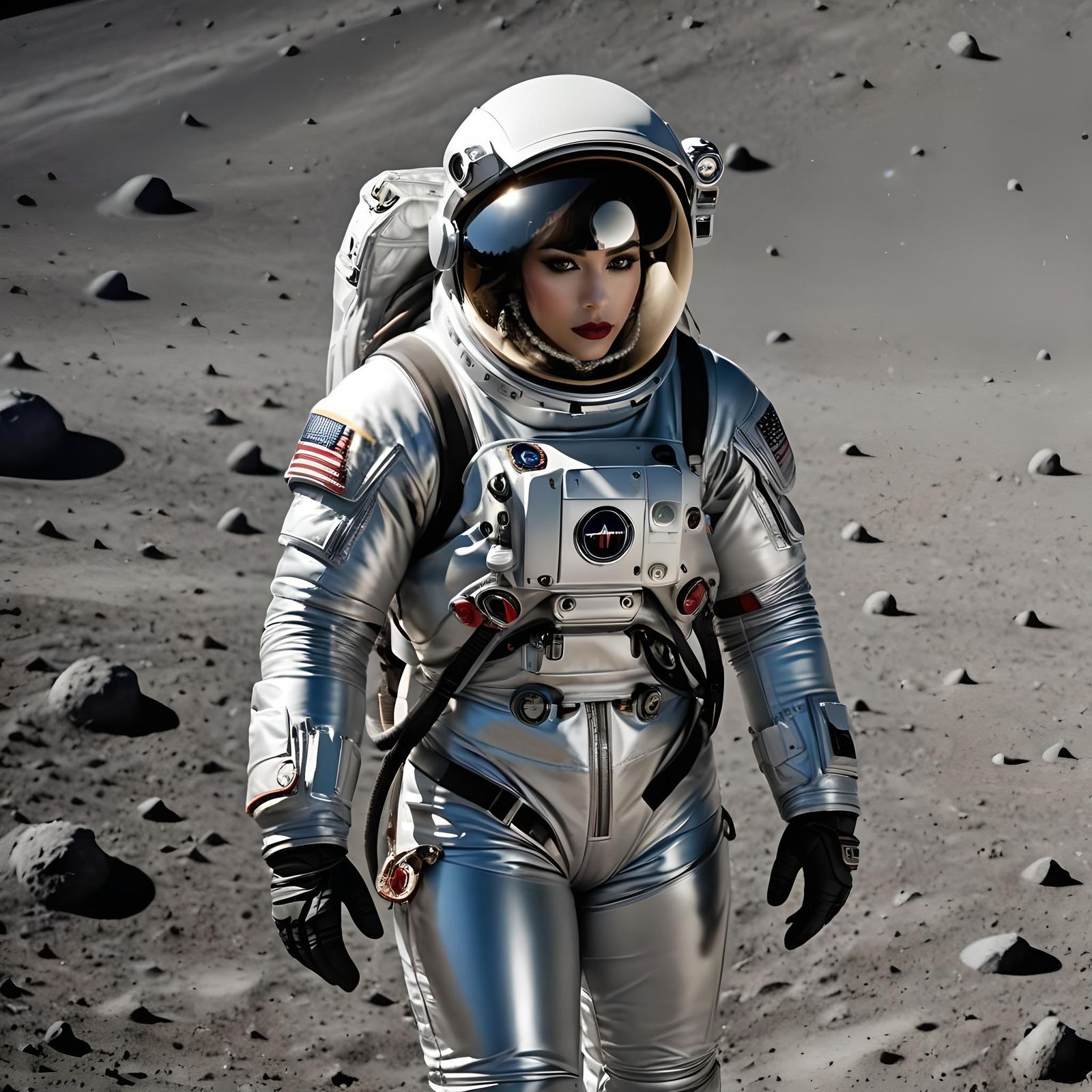 071 A beautiful female astronaut wearing a silver spacesuit on the moon.