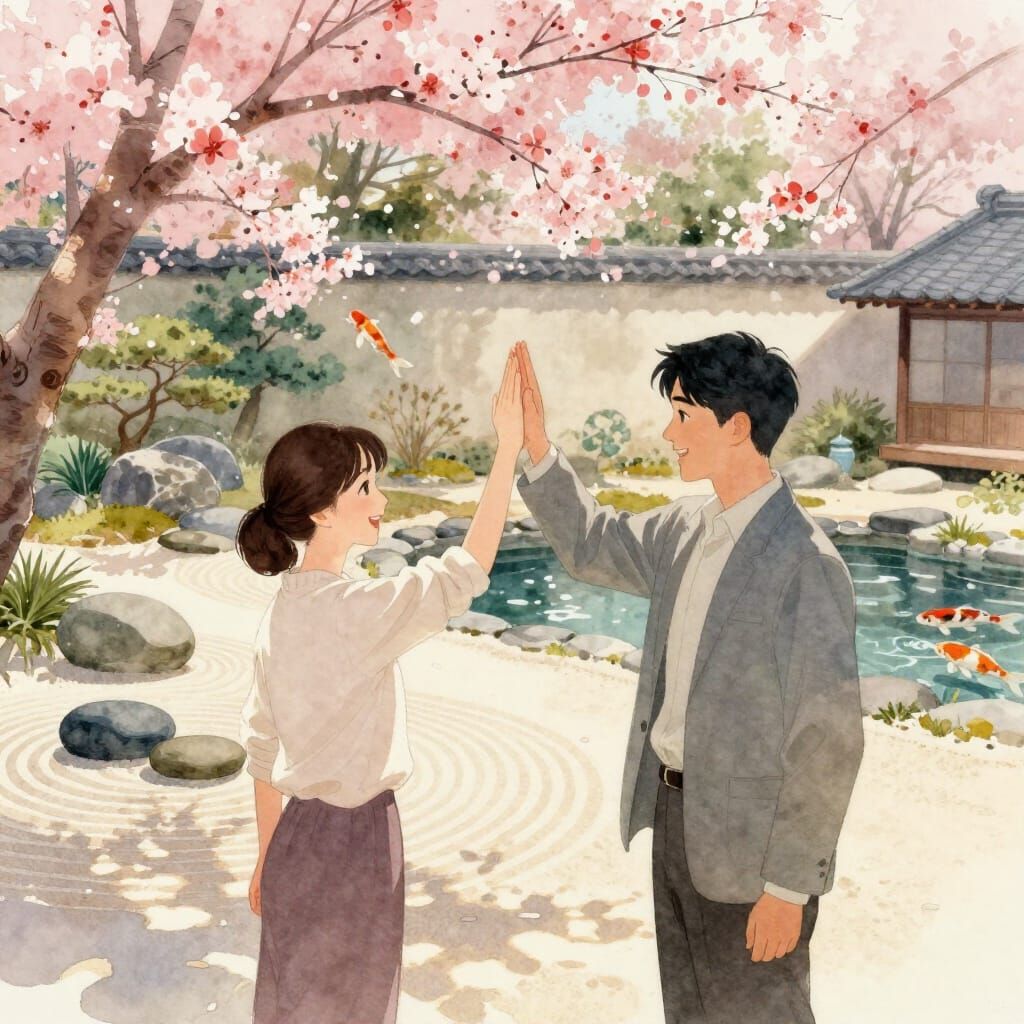 Artists High Five in Serene Zen Garden Watercolor