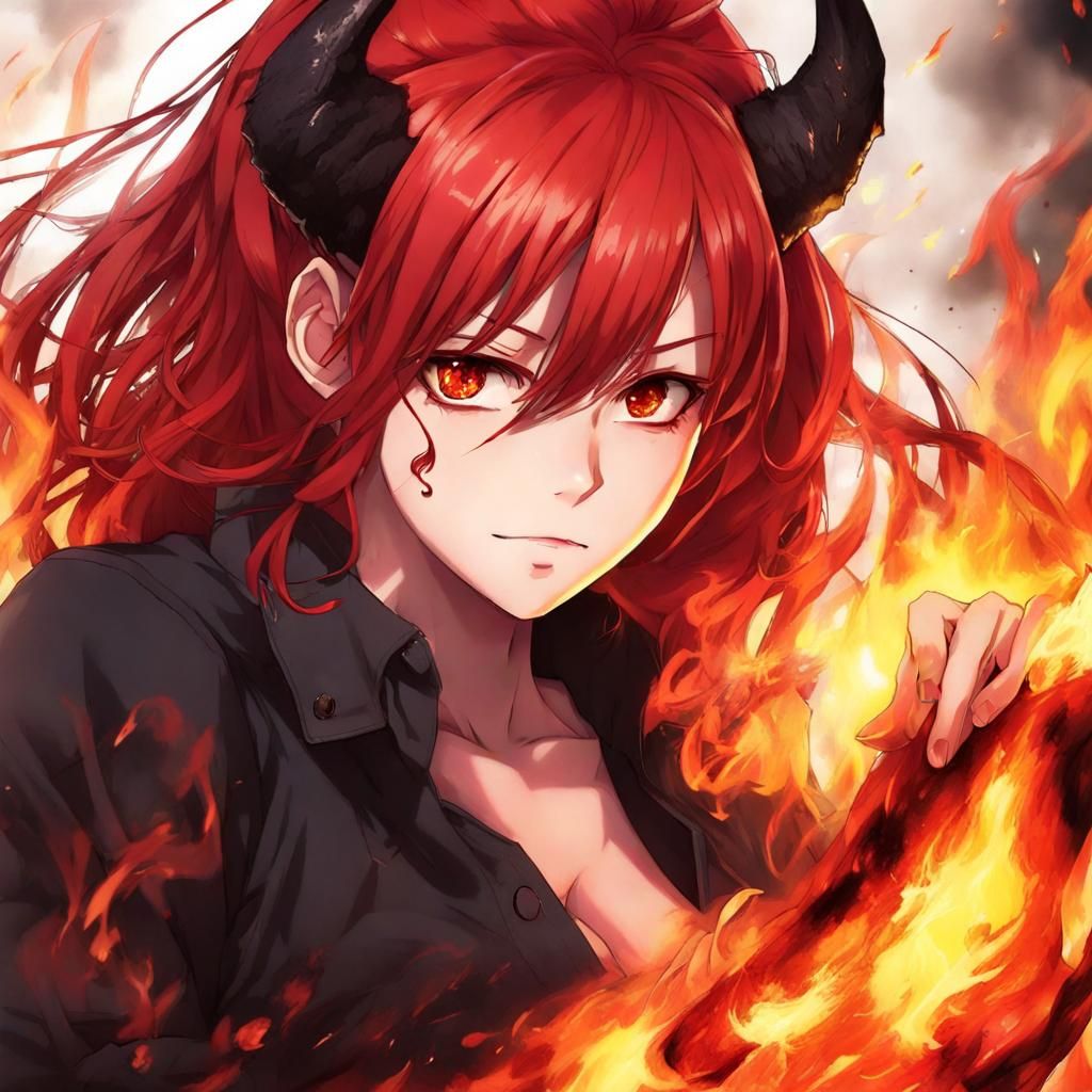 Fiery Red-Skinned Demon Girl in Anime Style