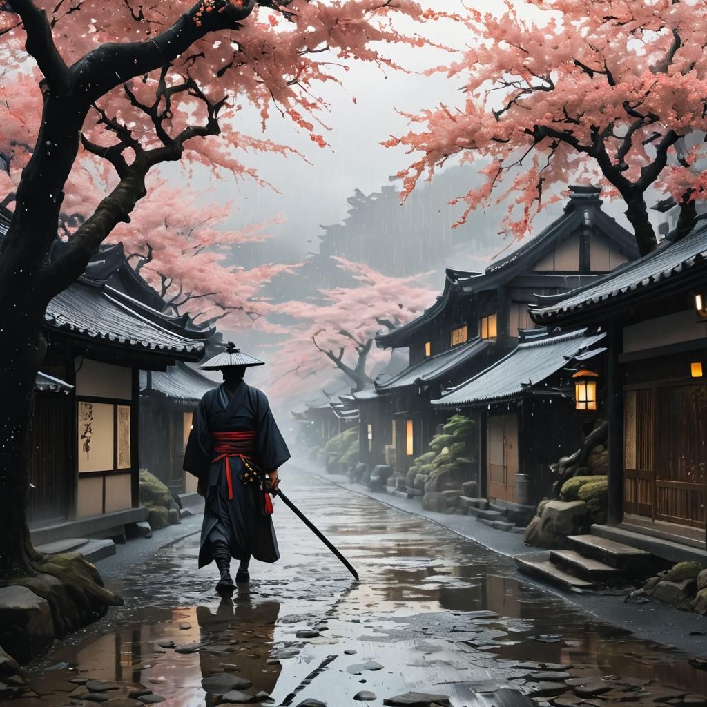 Ronin in Rainy Village: Ukiyo-e Style Woodblock Print