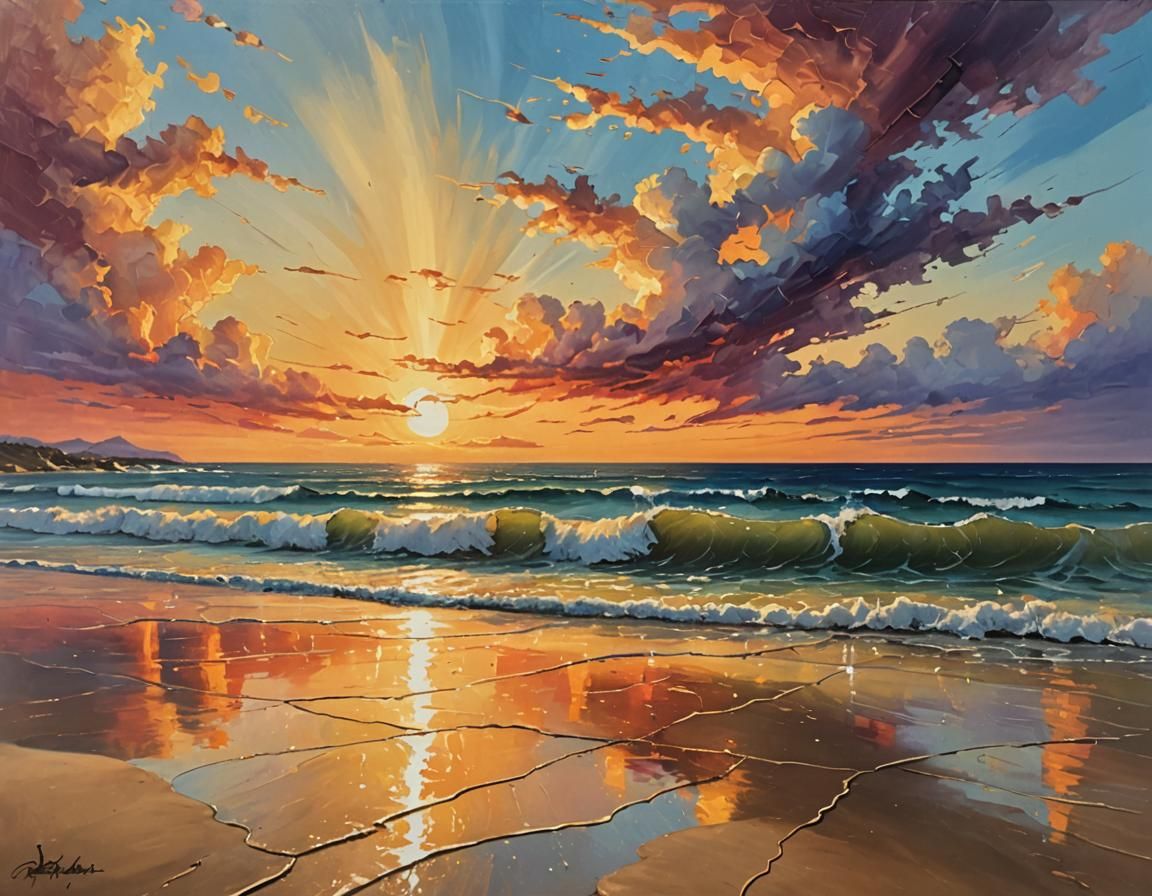 Majestic Sunset Over Serene Beach: Oil Painting