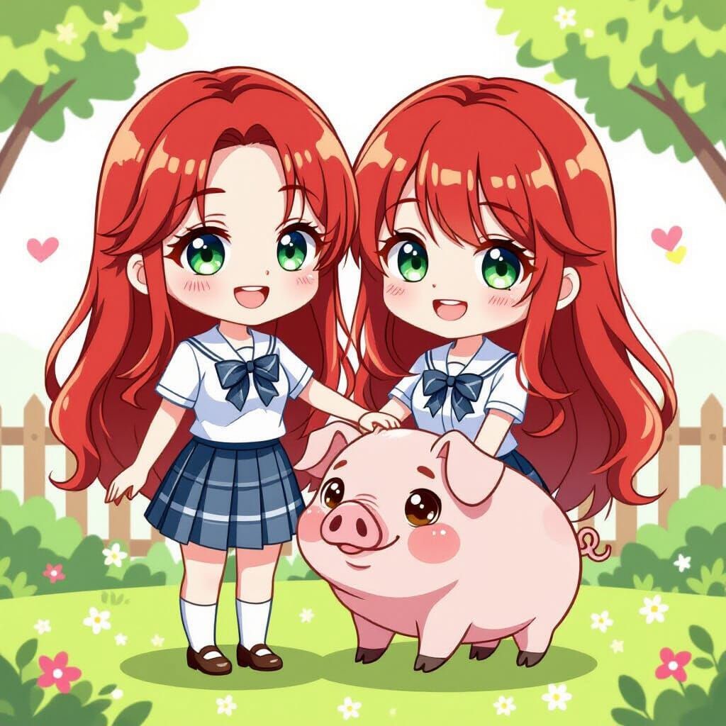 Chibi-Style Woman Petting Pig Cartoon Sticker