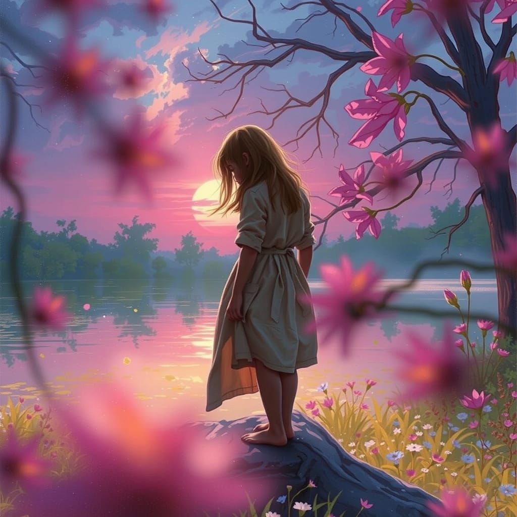 Golden Light of a Serene Lakeside Scene in Dreamy, Nostalgic...