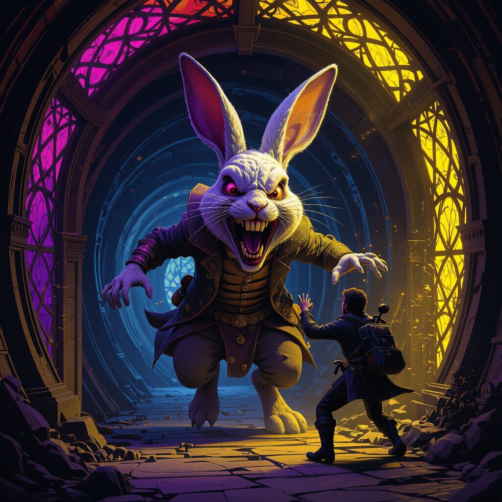 Nightmarish Rabbit Attacks Adventurer in Dark Fantasy Style