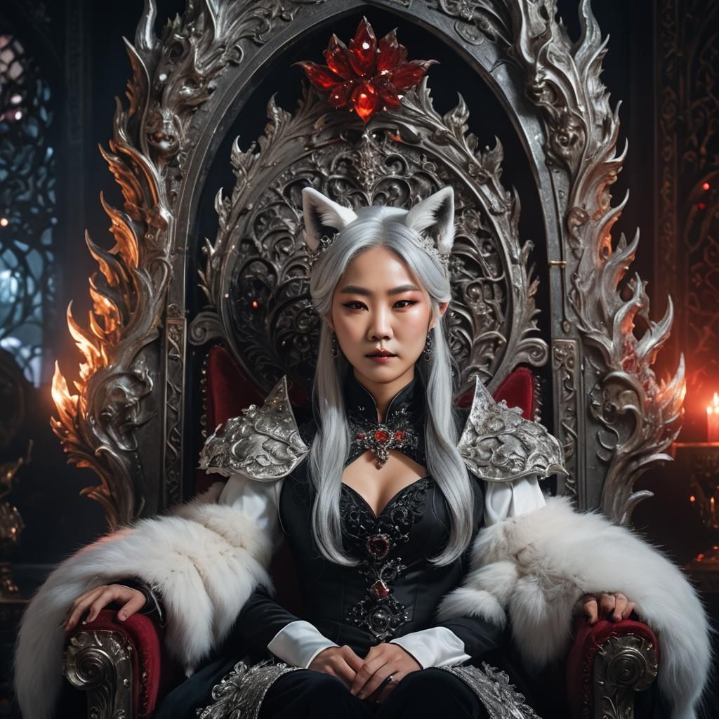 Regal Korean Vampire Queen on Gothic Throne