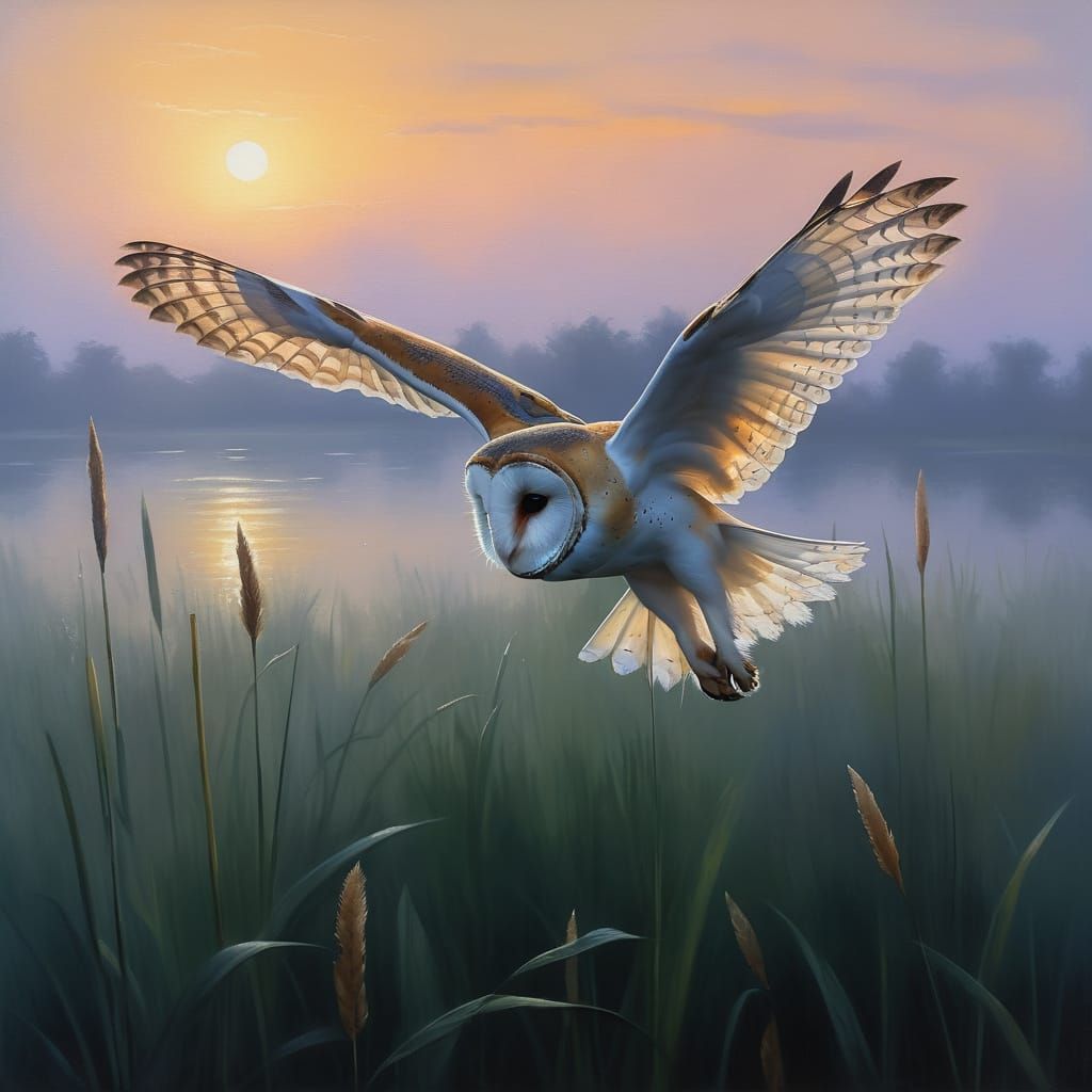 Surreal Barn Owl Soars Above Misty Wetland at Dusk