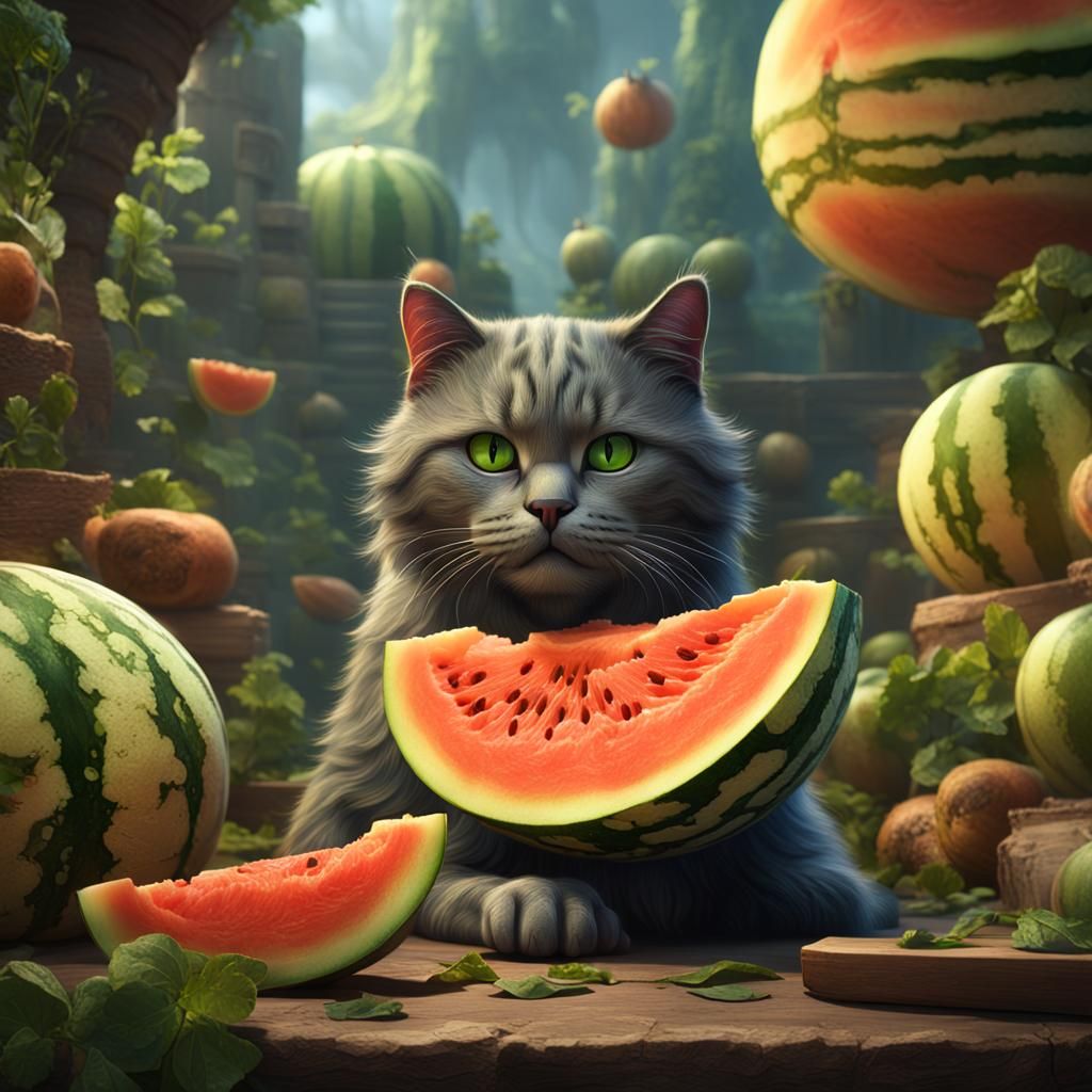 Discontented Cat with Melon, Detailed Digital Painting