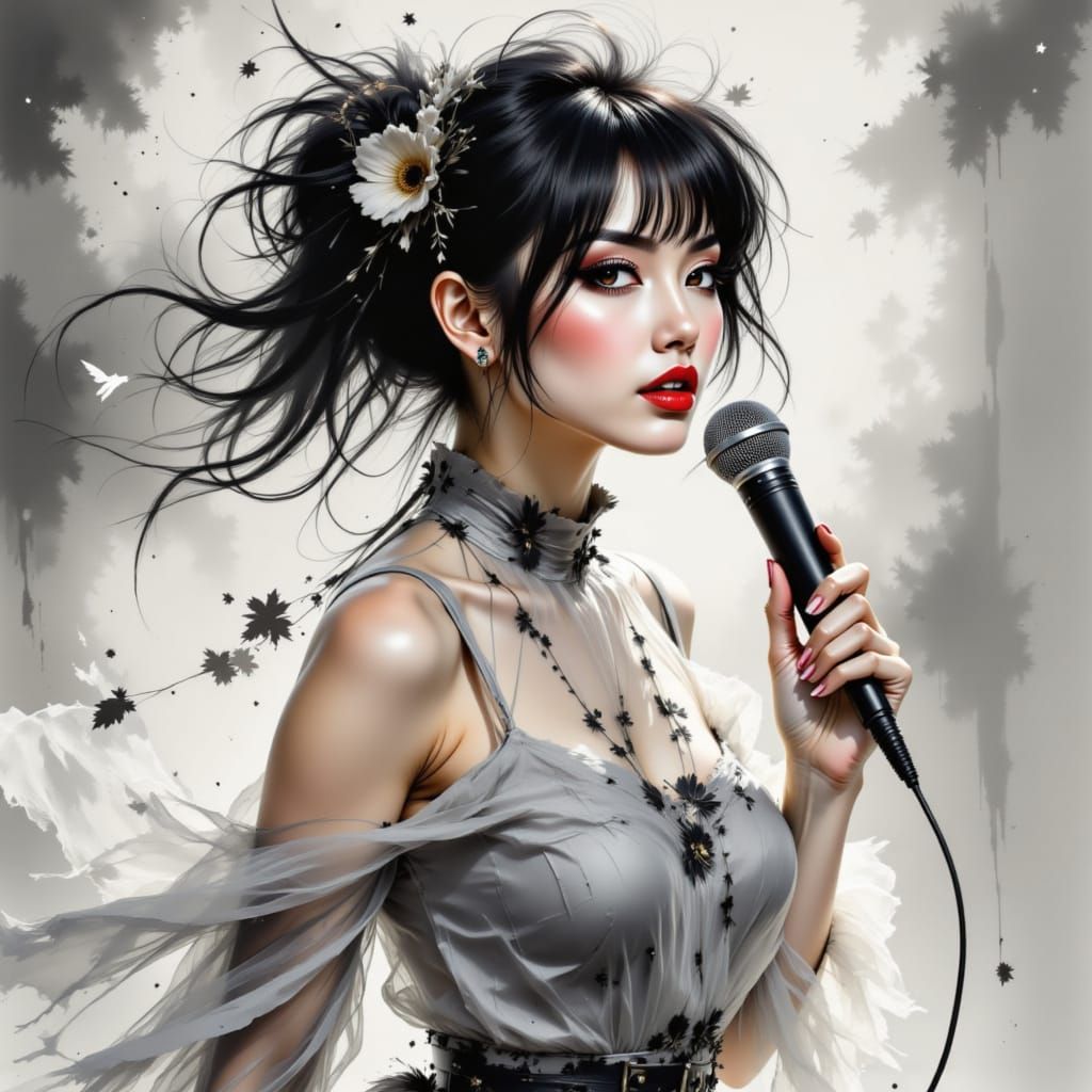 Japanese J-Pop Girl with Microphone in Ink Brush Style