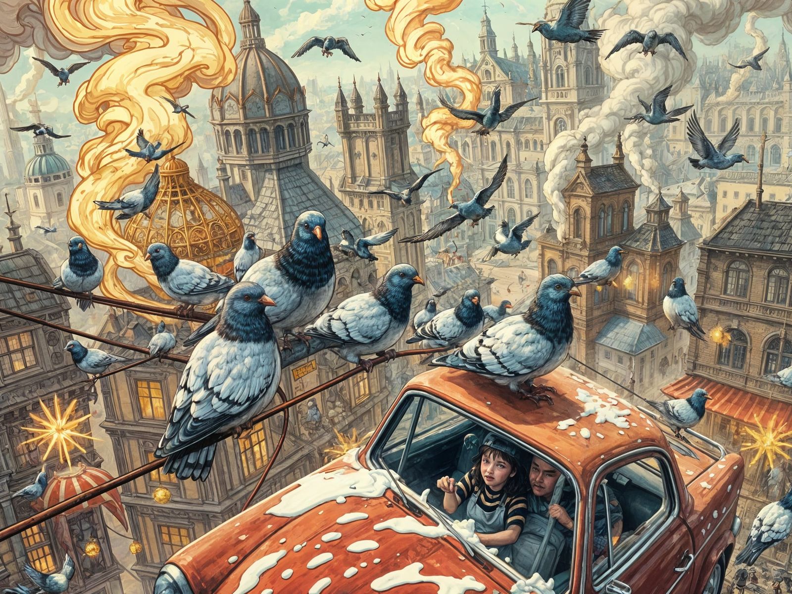Maximalist Fantasy Illustration: Pigeons Attack Car