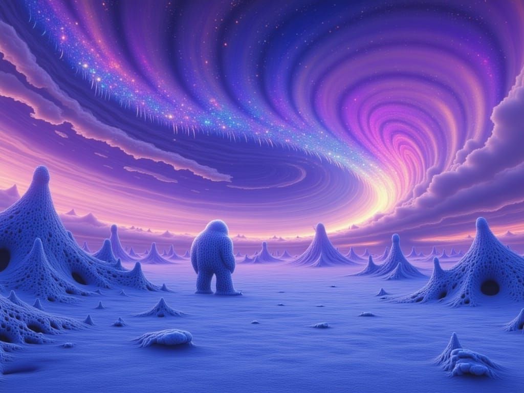 Ethereal Yeti Amidst Swirling Northern Lights