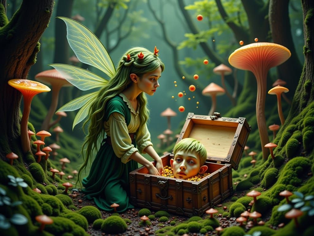 Fairy Unveils Severed Elf Head in Dream Forest