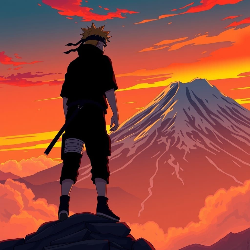 Naruto Climbs Mount Fuji in Anime Style