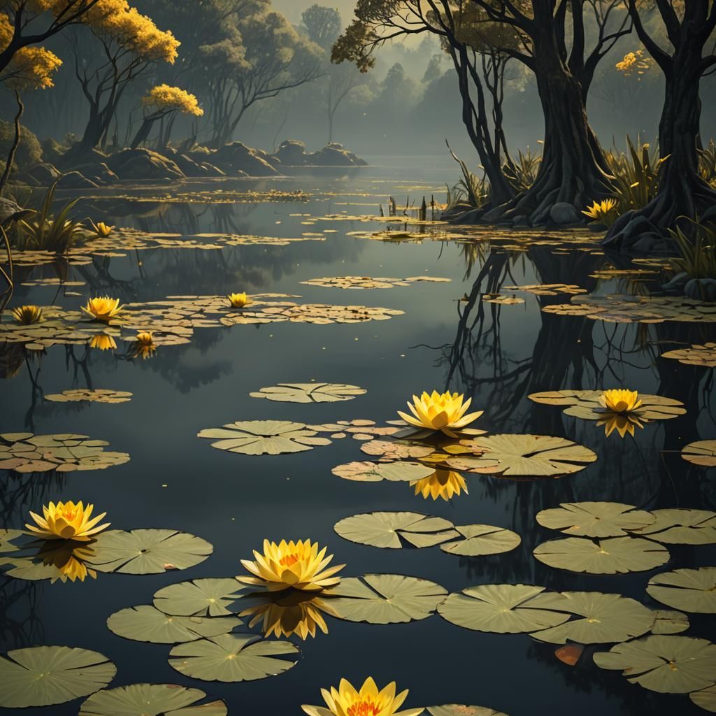 Mystical Lake with Yellow Lilies in Hyperrealistic 3D