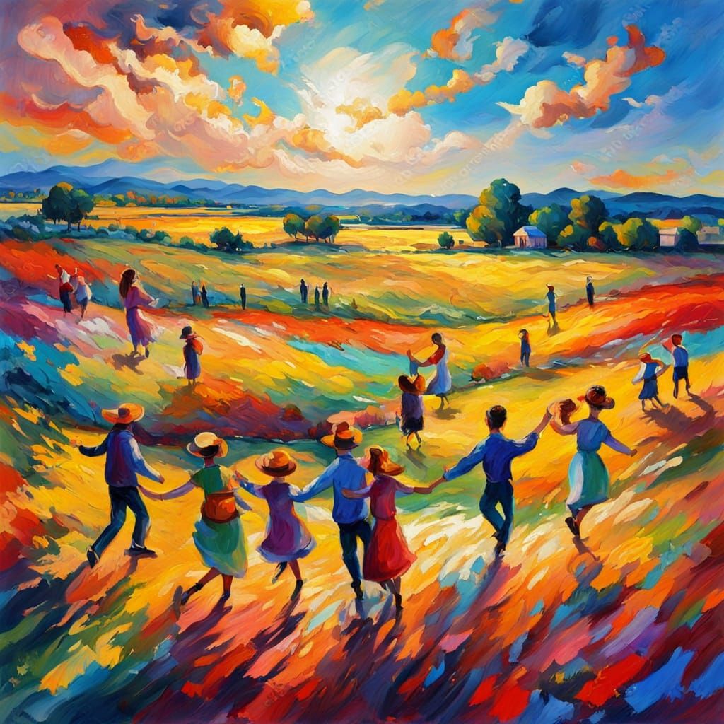 People Dancing in Field: Fauvist Oil Painting