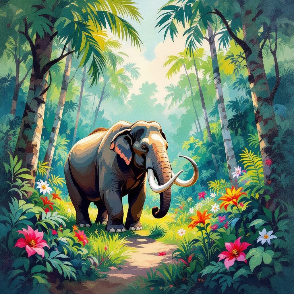 Mammoth in Lush Jungle: Gouache Style Impressionist Painting
