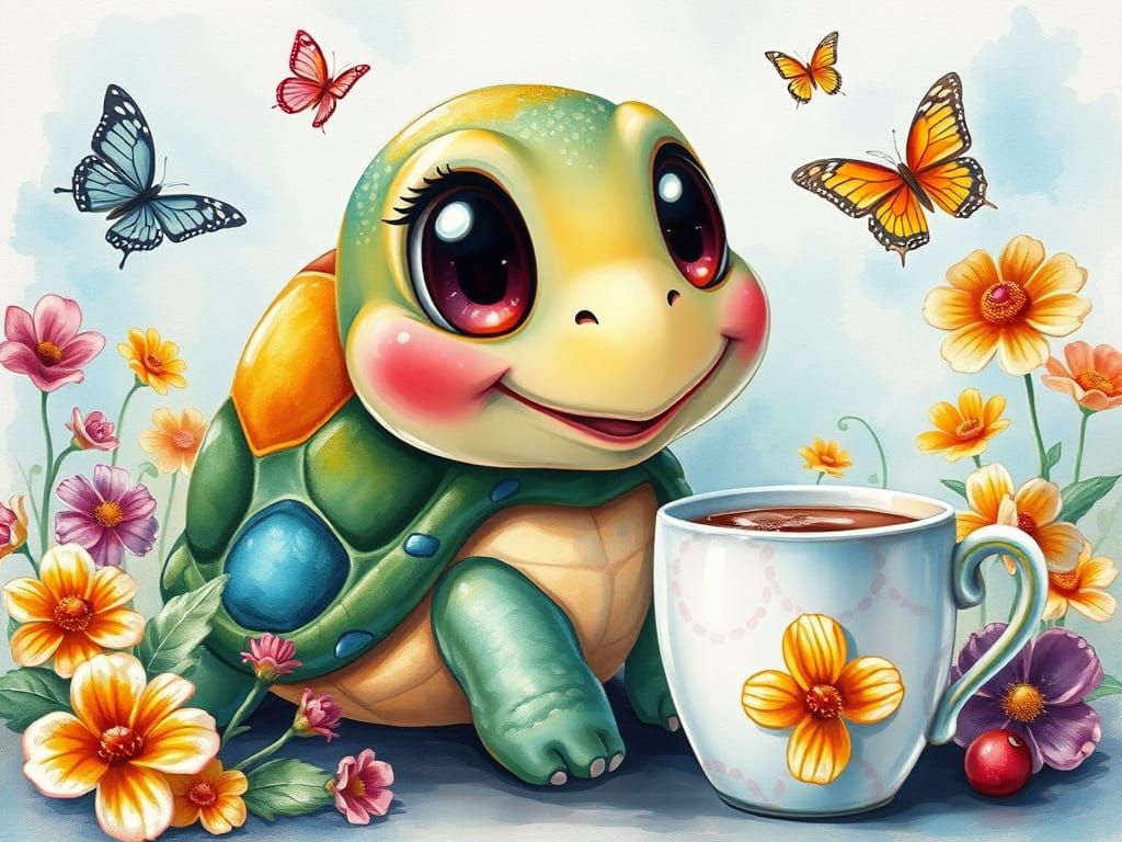 Whimsical Morning with Cartoon Turtle in Vibrant Garden