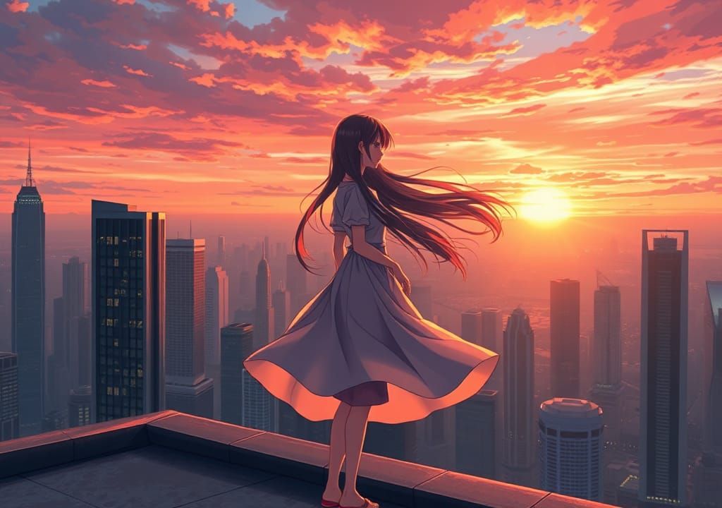 Anime Girl Gazing at Sunset Cityscape