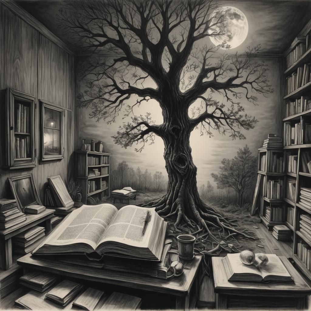Tree Growing From Book in Room at Night
