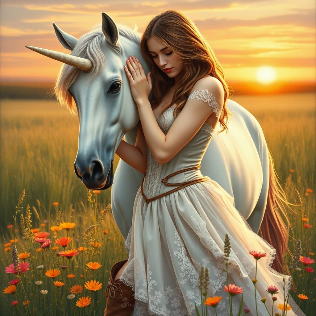 Ethereal Whimsy: Serene Woman and Unicorn in Golden Sunset
