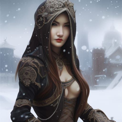 Female Assassin in Snowy Gothic Landscape