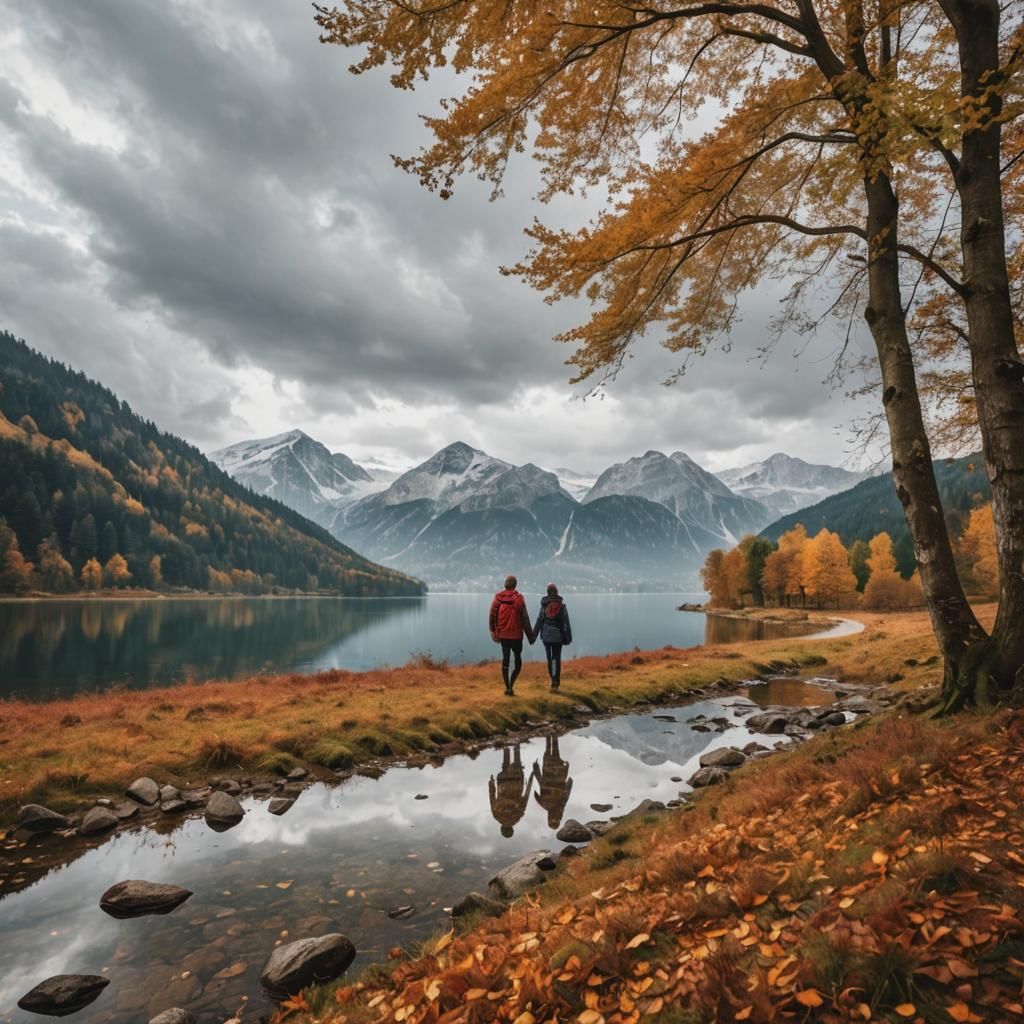 Couple's Autumn Walk in Nature