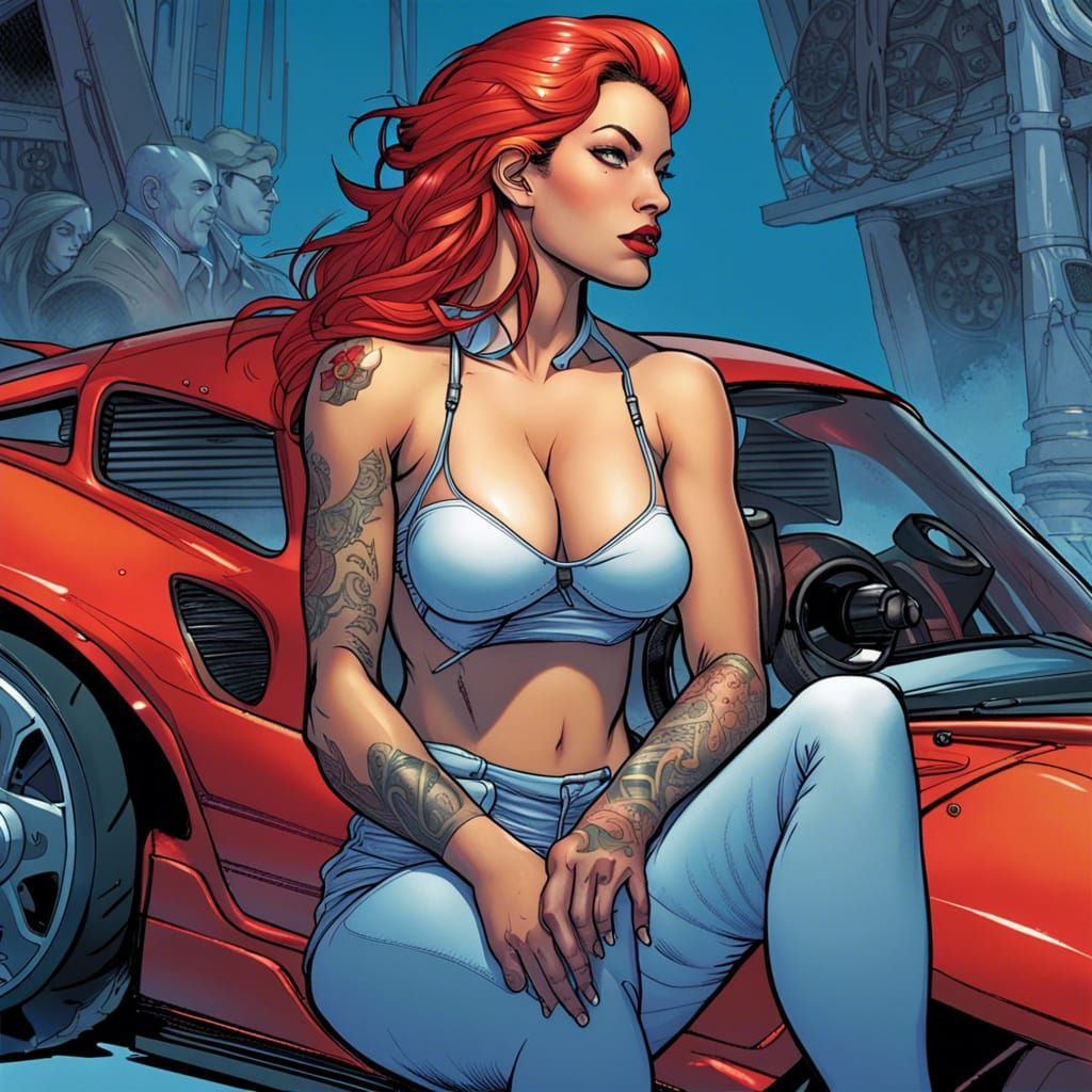 Inked Woman on Blue Porsche, Comic Book Art