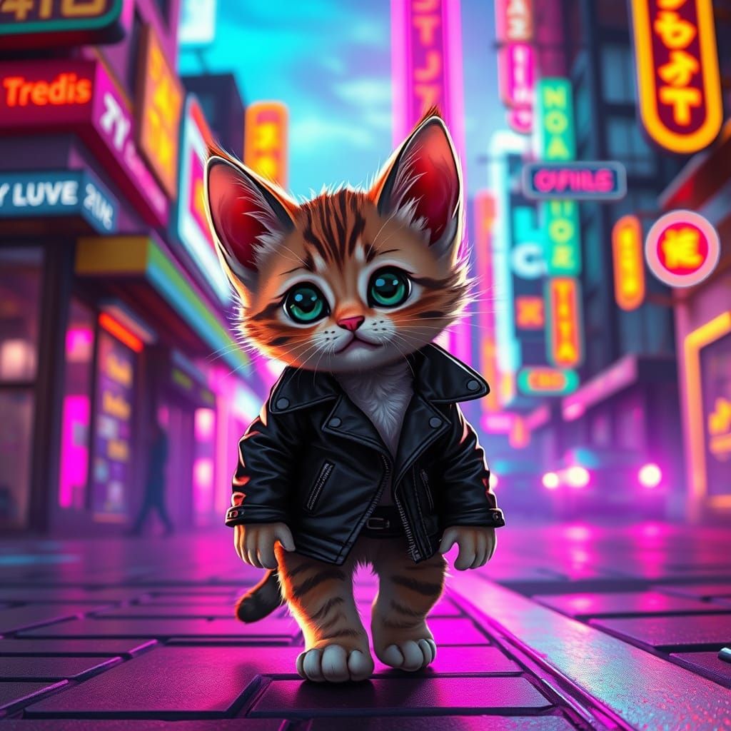 Kitten in Leather Jacket, Synthwave Cityscape