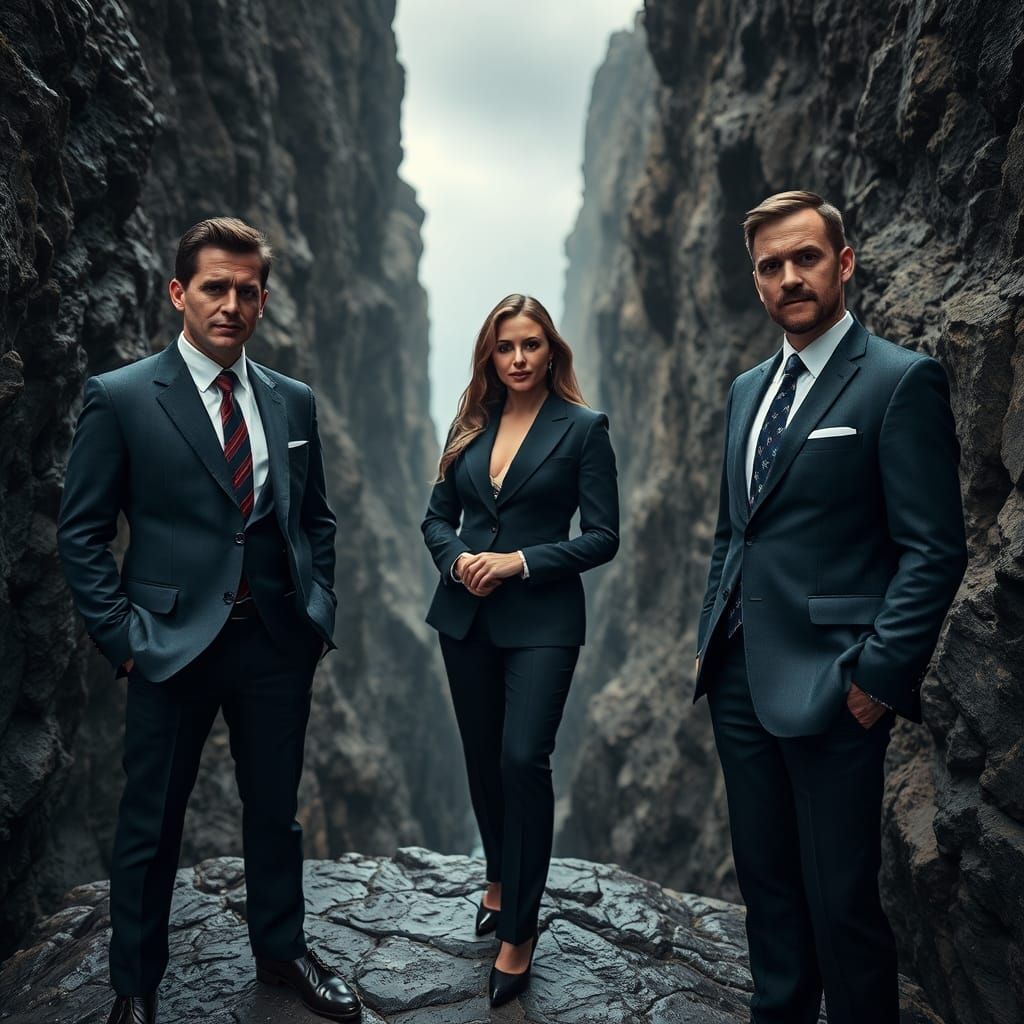 Elegant Business People at a Rocky Abyss