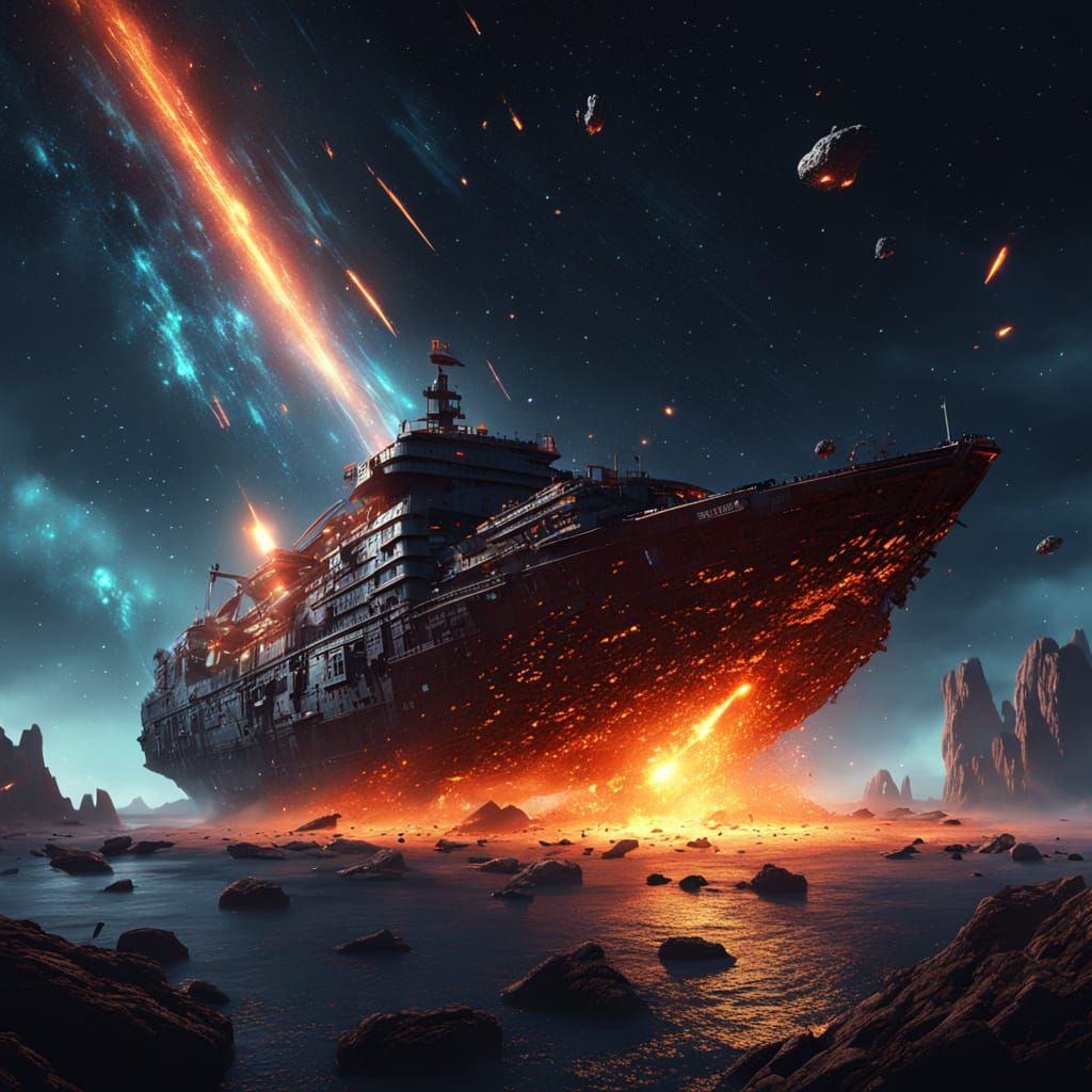 Epic Space Ship Navigates Fiery Meteor Shower