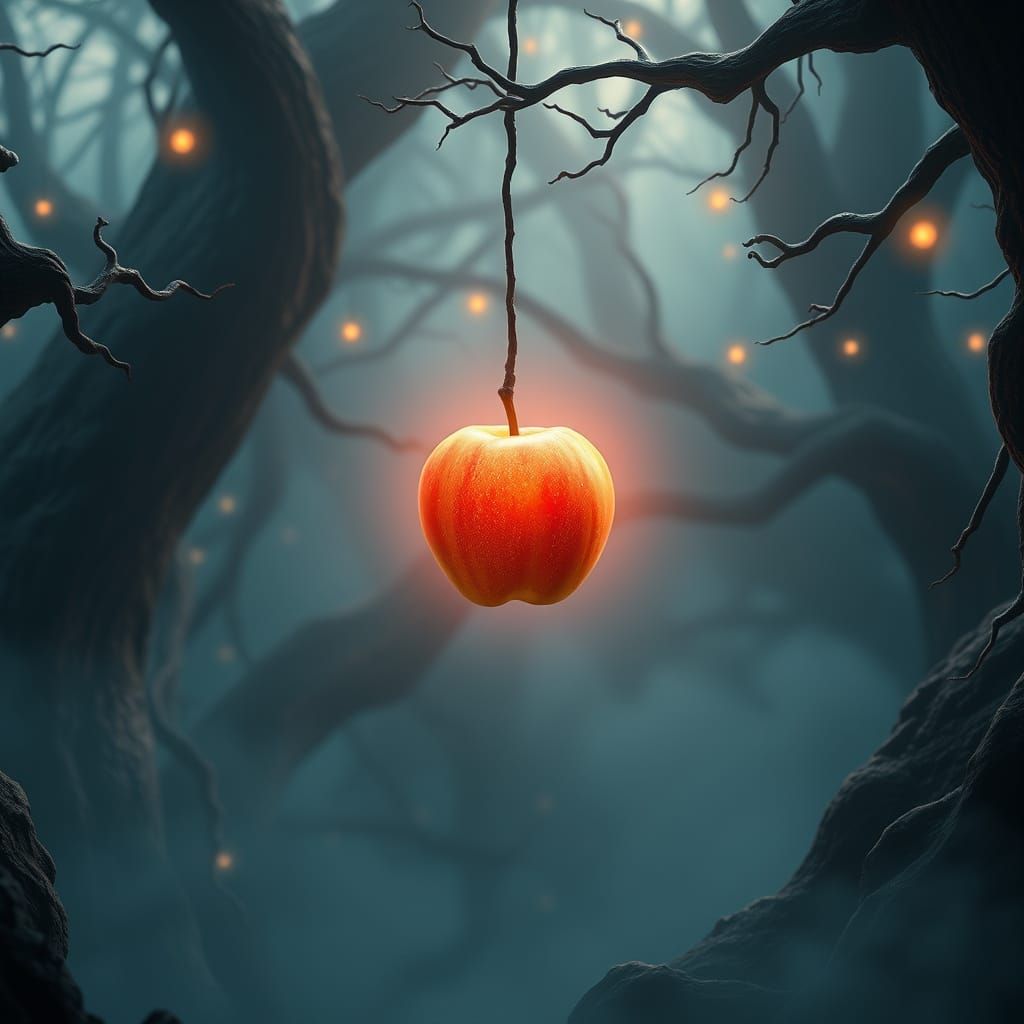 Glowing Apple in Dreamlike Fantasy Landscape