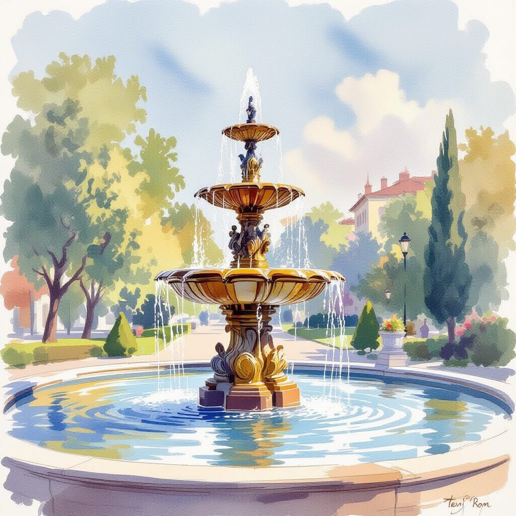 Tevi Rom Fountain Painting in Wet-in-Wet Watercolor Style