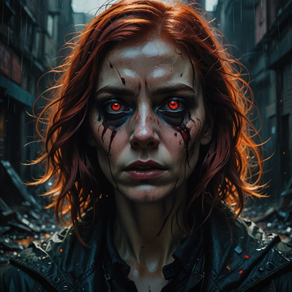 Surreal Red-Haired Woman in Anguished Close-Up, with Shatter...