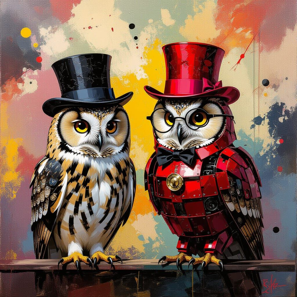 Owls & Mechanical Owl Amidst Jackson Pollock Art