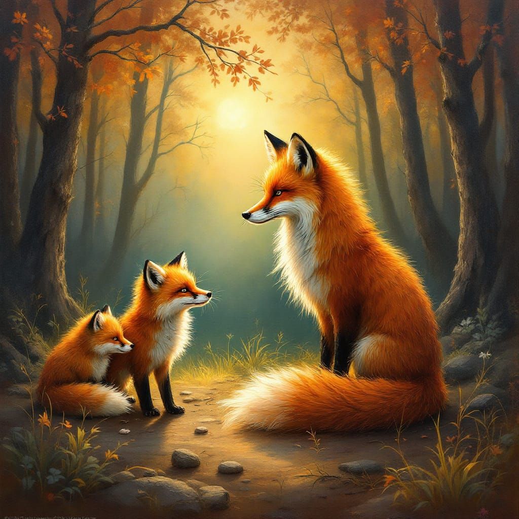 Mother Fox and Kits in Surreal Forest Clearing