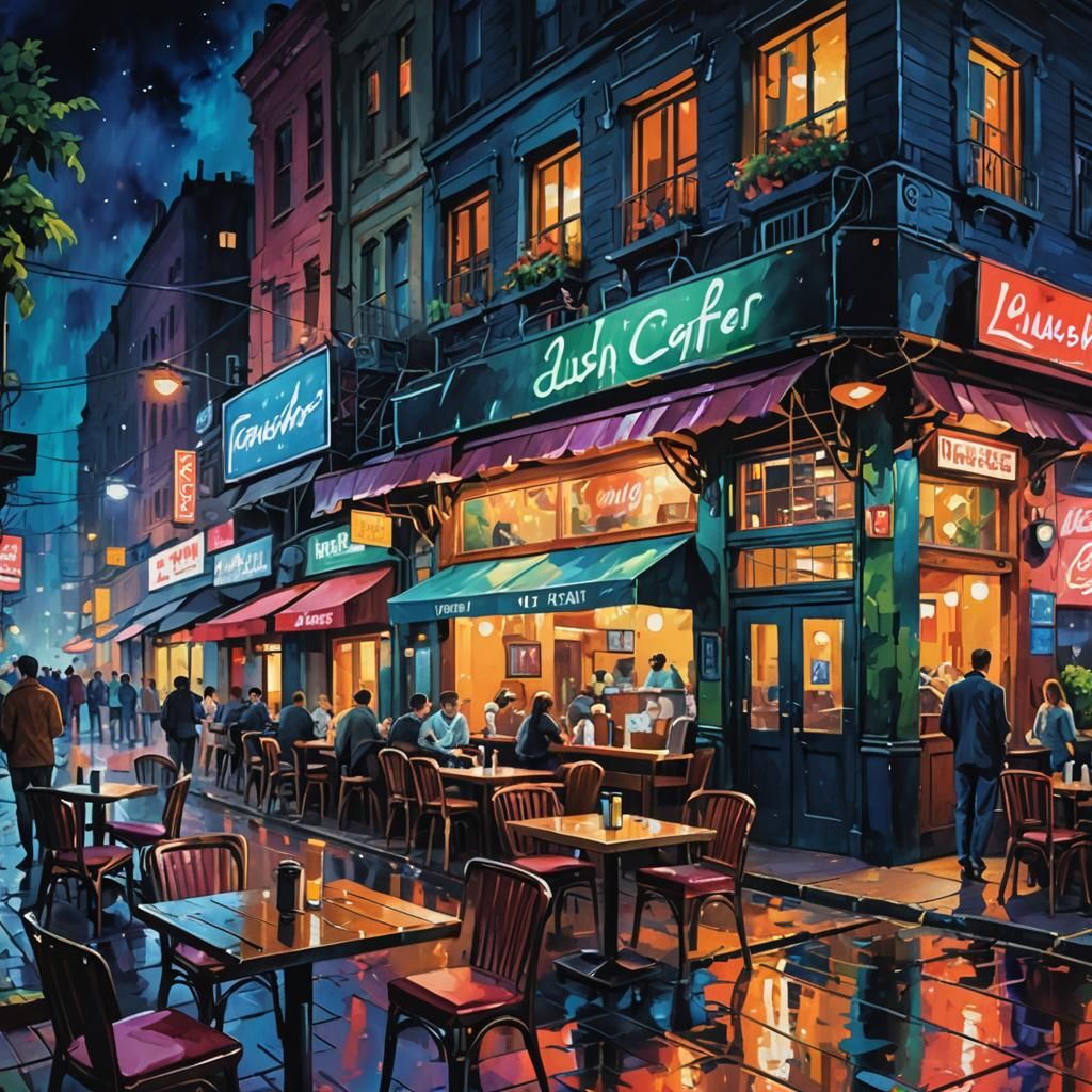 Cyberpunk Night Cafe in Gouache Style