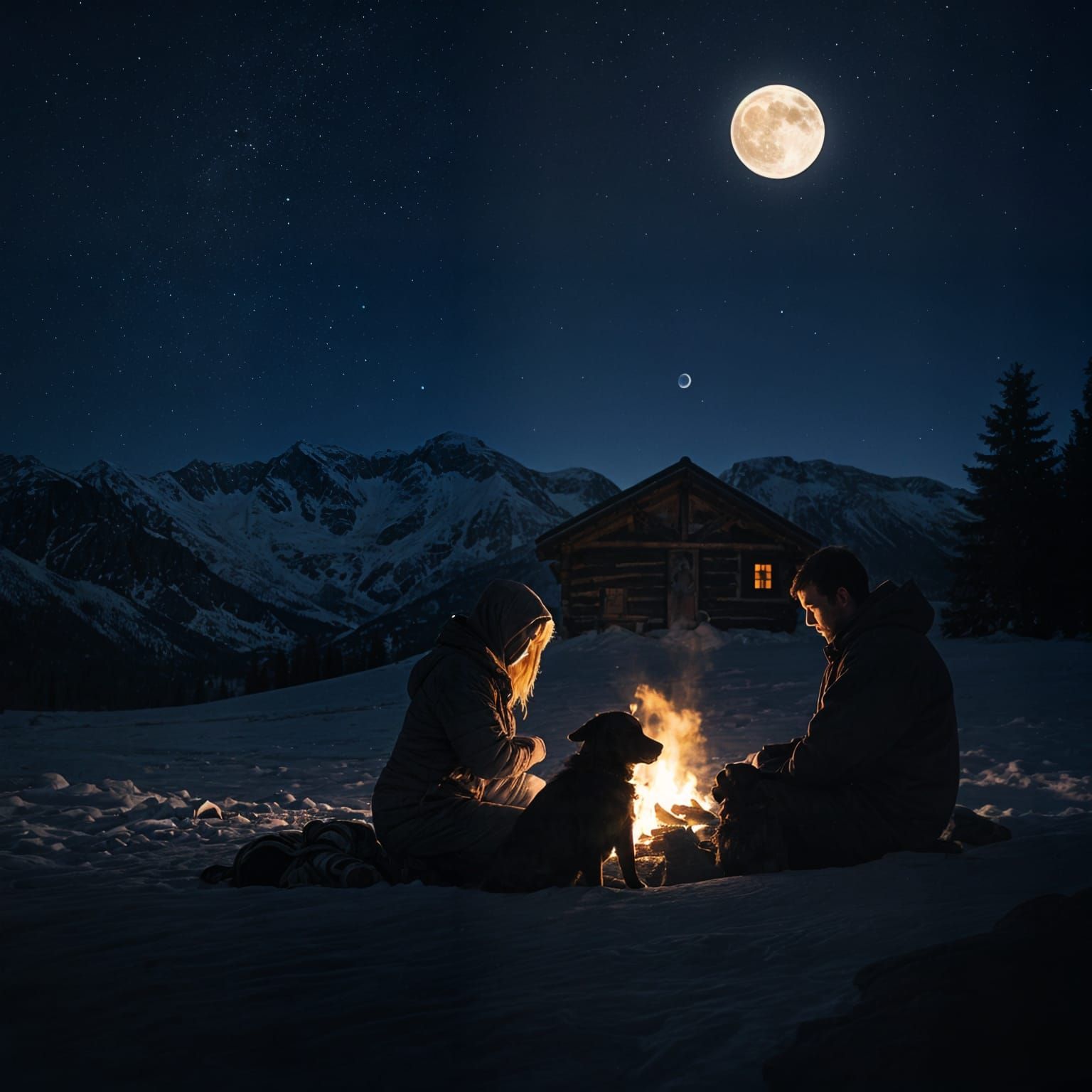 Cozy Campfire Scene on a Snowy Night