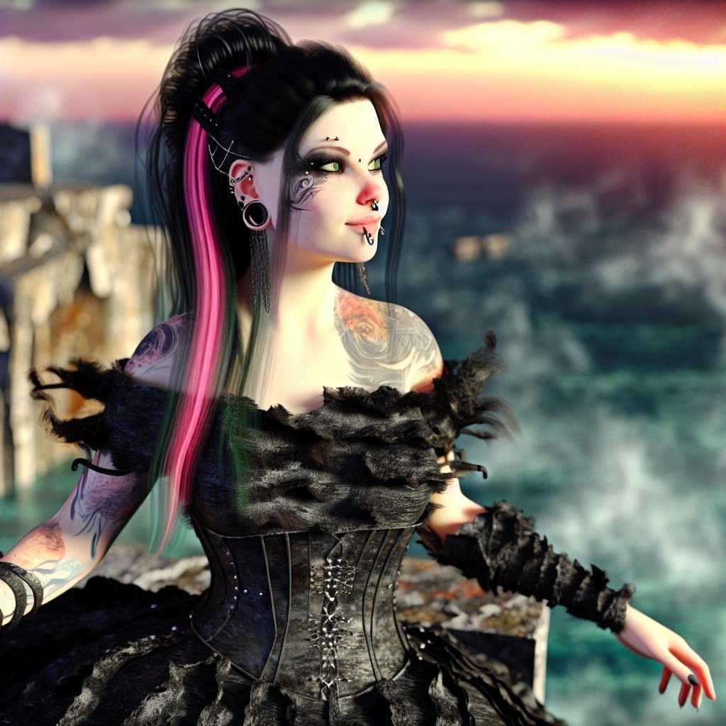 Post-Apocalyptic Woman in Gothic Dress at Sunset