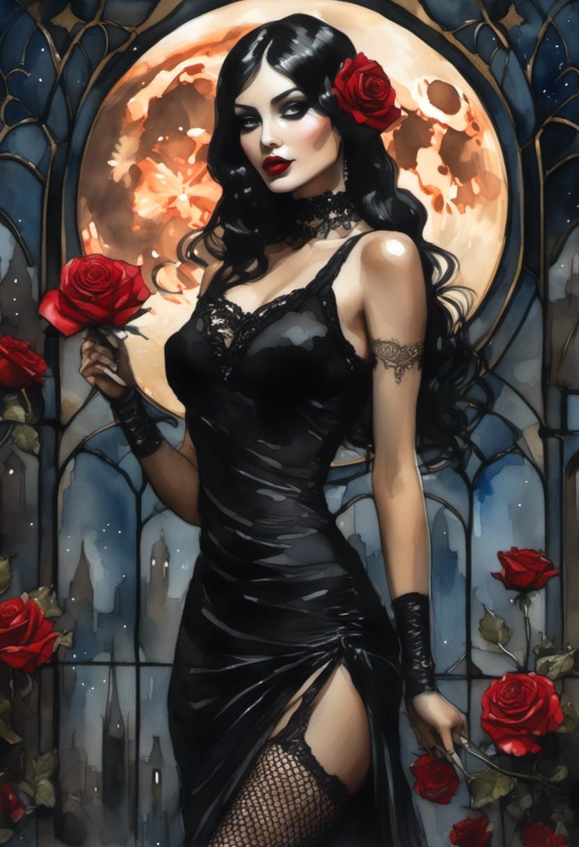 Watercolour Painting of Goth Woman