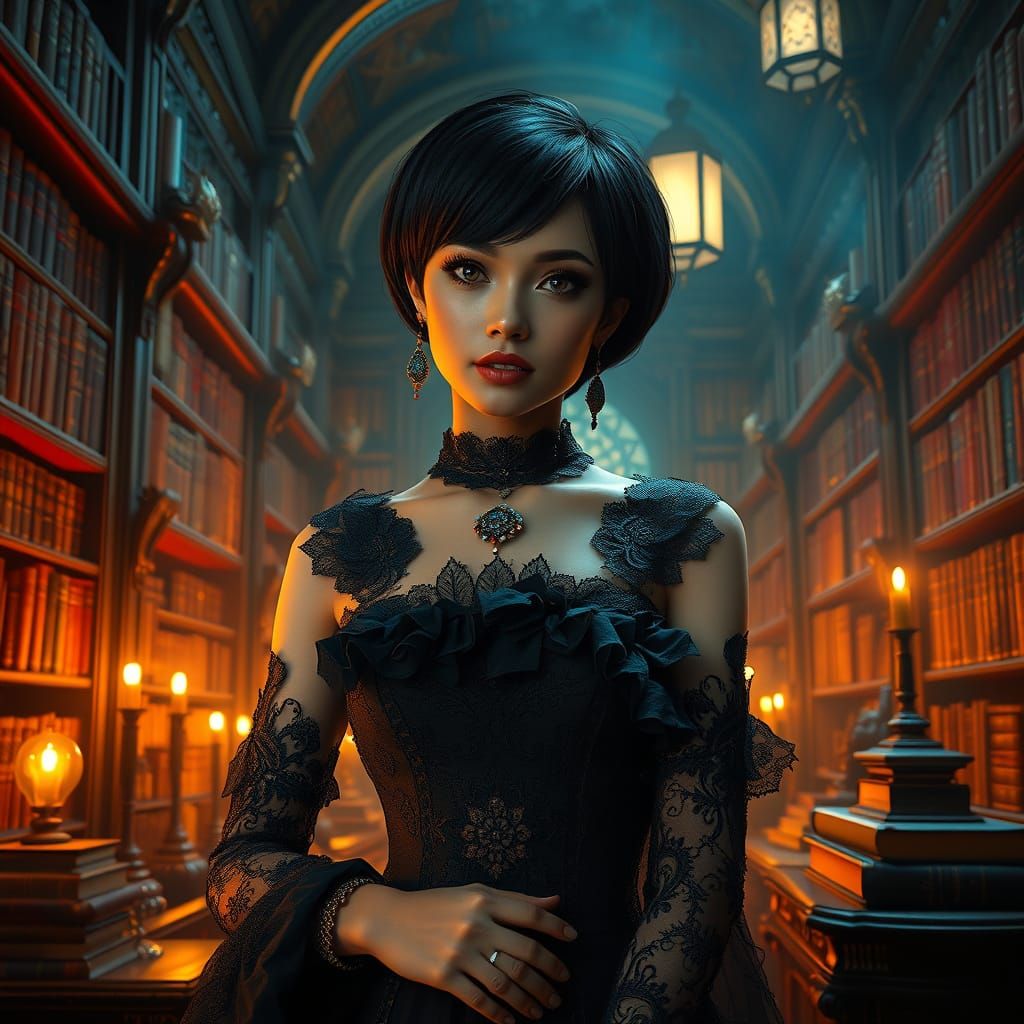 Ethereal Gothic Beauty in a Lavish Library