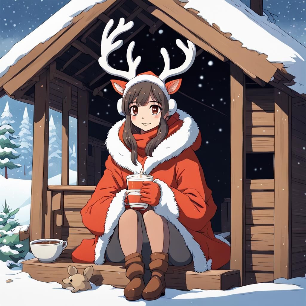 Cute Anime Reindeer Girl Drinking Cocoa, Ghibli-esque