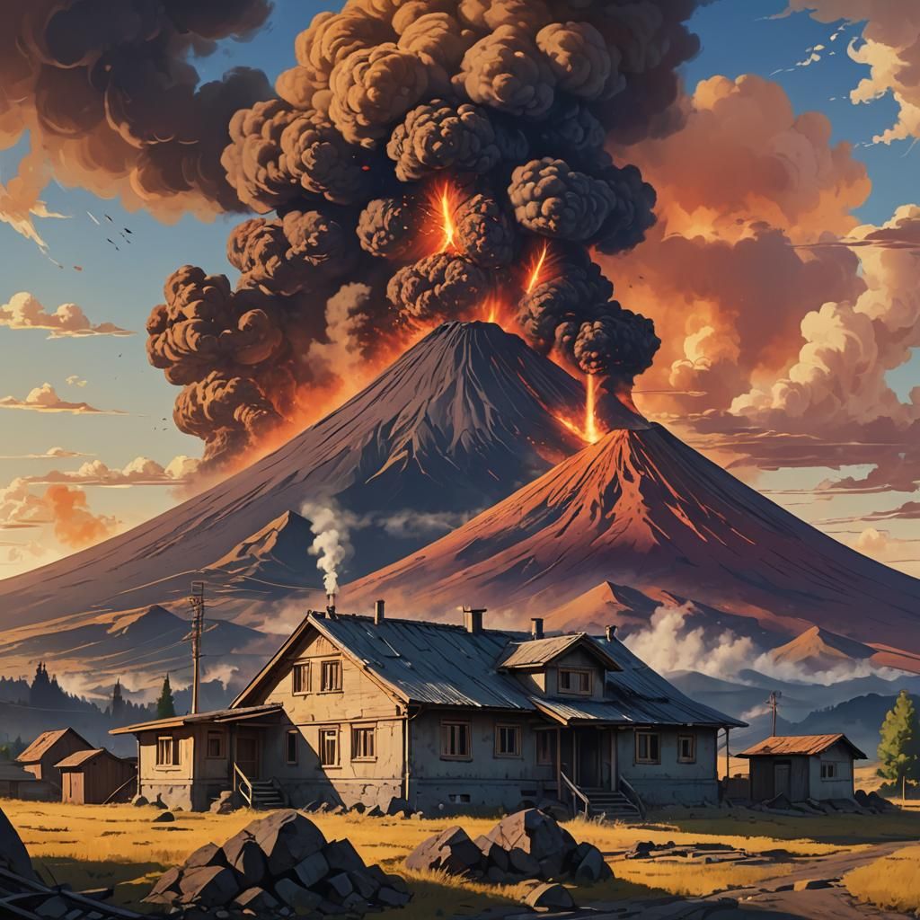 Anime Style Soviet Block House with Volcano