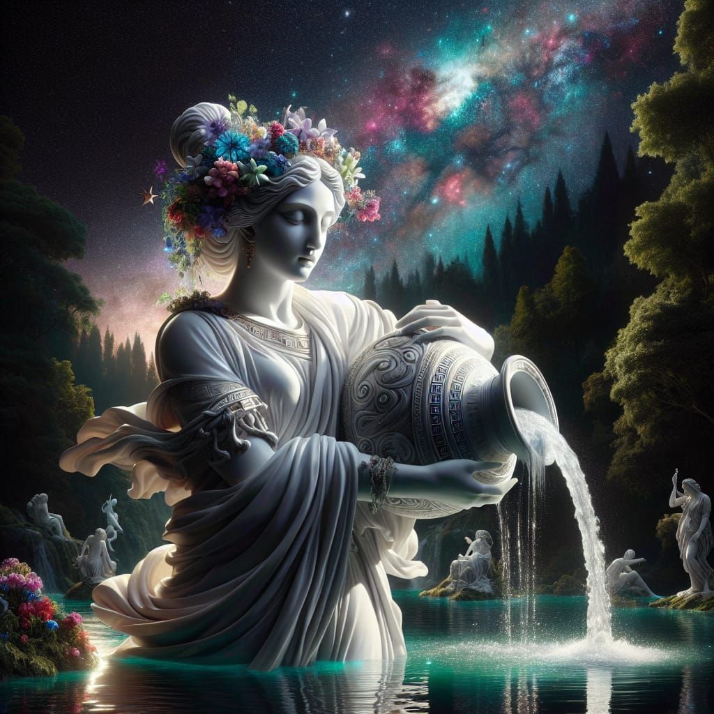 Aquarius Goddess in Marble: A Hyperrealistic Chiaroscuro